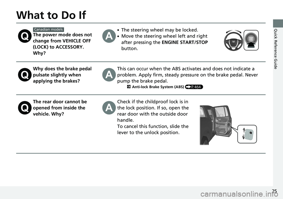 HONDA RIDGELINE 2020 (in English) Owners Guide 25
Quick Reference Guide
What to Do If
The power mode does not
change from VEHICLE OFF
(LOCK) to ACCESSORY.
Why?
●The steering wheel may be locked.
●Move the steering wheel left and right
afte HONDA RIDGELINE 2020 (in English) Owners Guide 25
Quick Reference Guide
What to Do If
The power mode does not
change from VEHICLE OFF
(LOCK) to ACCESSORY.
Why?
●The steering wheel may be locked.
●Move the steering wheel left and right
afte