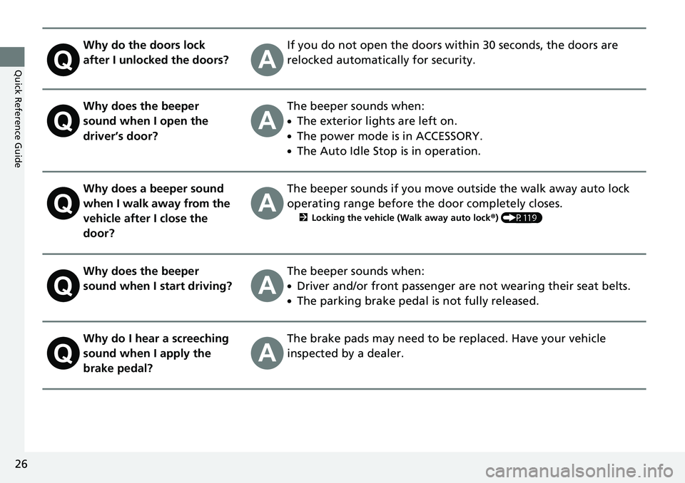 HONDA RIDGELINE 2020 (in English) Owners Guide 26
Quick Reference Guide
Why do the doors lock
after I unlocked the doors?If you do not open the doors within 30 seconds, the doors are
relocked automatically for security.
Why does the beeper
soun HONDA RIDGELINE 2020 (in English) Owners Guide 26
Quick Reference Guide
Why do the doors lock
after I unlocked the doors?If you do not open the doors within 30 seconds, the doors are
relocked automatically for security.
Why does the beeper
soun