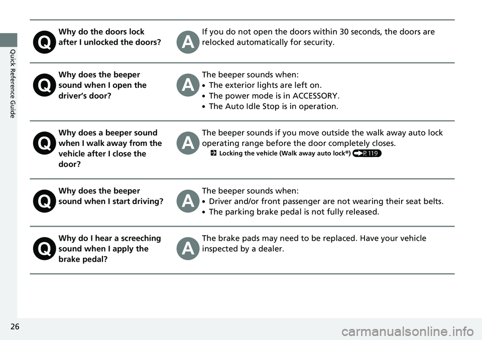 HONDA RIDGELINE 2020   (in English) Owners Guide 26
Quick Reference Guide
Why do the doors lock 
after I unlocked the doors?If you do not open the doors within 30 seconds, the doors are 
relocked automatically for security.
Why does the beeper 
soun