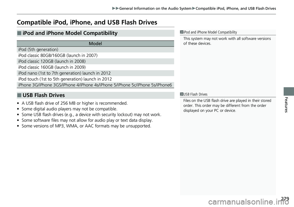 HONDA RIDGELINE 2020 (in English) Manual PDF 279
uuGeneral Information on the Audio System uCompatible iPod, iPhone, and USB Flash Drives
Features
Compatible iPod, iPhone , and USB Flash Drives
•A USB flash drive of 256 MB or higher is recomme HONDA RIDGELINE 2020 (in English) Manual PDF 279
uuGeneral Information on the Audio System uCompatible iPod, iPhone, and USB Flash Drives
Features
Compatible iPod, iPhone , and USB Flash Drives
•A USB flash drive of 256 MB or higher is recomme