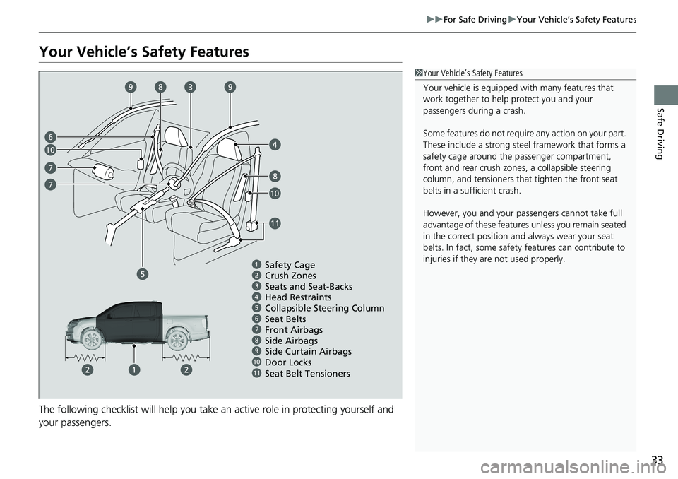 HONDA RIDGELINE 2020 (in English) Owners Guide 33
uuFor Safe Driving uYour Vehicle’s Safety Features
Safe Driving
Your Vehicle’s Safety Features
The following checklist will he lp you take an active role in protecting yourself and
your passen HONDA RIDGELINE 2020 (in English) Owners Guide 33
uuFor Safe Driving uYour Vehicle’s Safety Features
Safe Driving
Your Vehicle’s Safety Features
The following checklist will he lp you take an active role in protecting yourself and
your passen