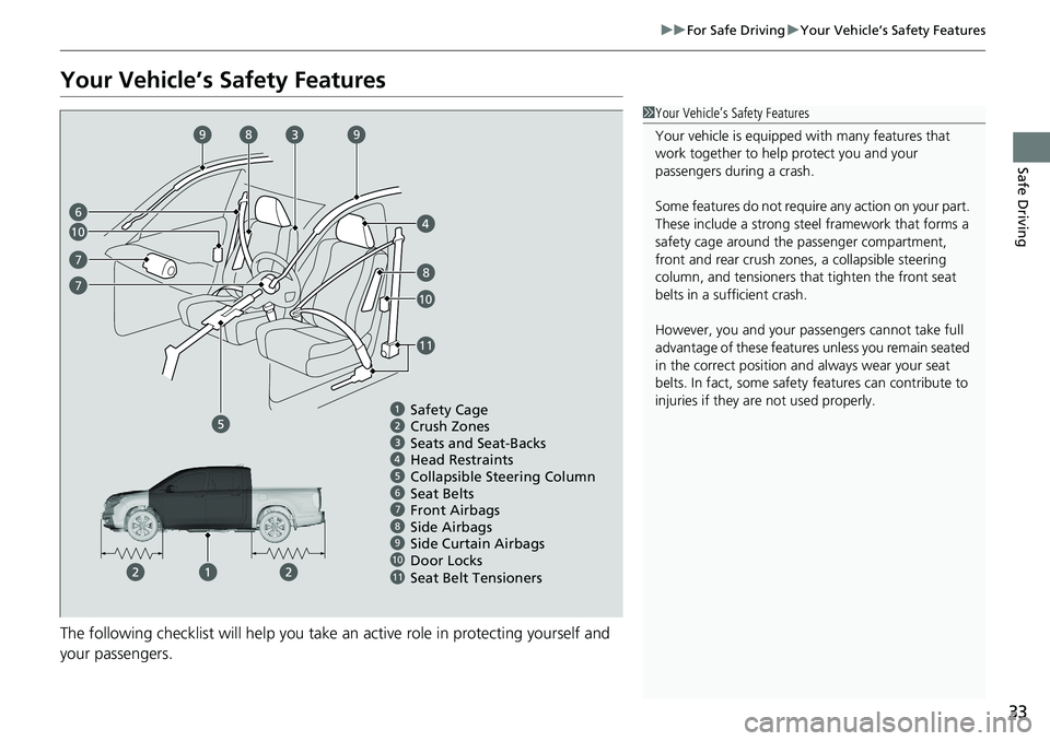 HONDA RIDGELINE 2020   (in English) Owners Guide 33
uuFor Safe Driving uYour Vehicle’s Safety Features
Safe Driving
Your Vehicle’s Safety Features
The following checklist will he lp you take an active role in protecting yourself and 
your passen