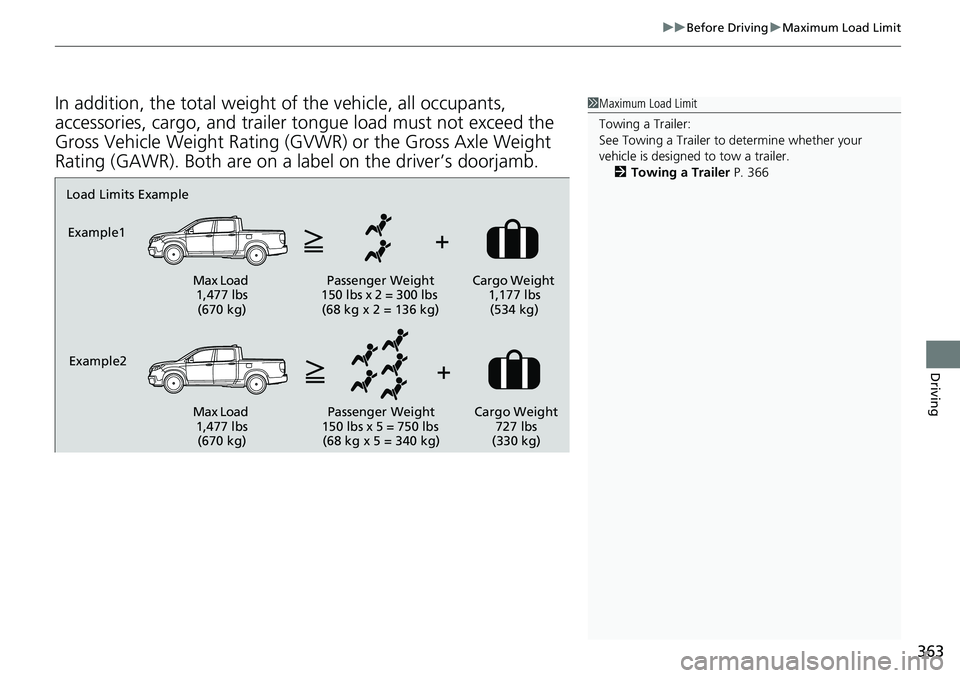 HONDA RIDGELINE 2020 Owners Manual (in English) 363
uuBefore Driving uMaximum Load Limit
Driving
In addition, the total weight of the vehicle, all occupants,
accessories, cargo, and trailer tongue load must not exceed the
Gross Vehicle Weight Rat HONDA RIDGELINE 2020 Owners Manual (in English) 363
uuBefore Driving uMaximum Load Limit
Driving
In addition, the total weight of the vehicle, all occupants,
accessories, cargo, and trailer tongue load must not exceed the
Gross Vehicle Weight Rat