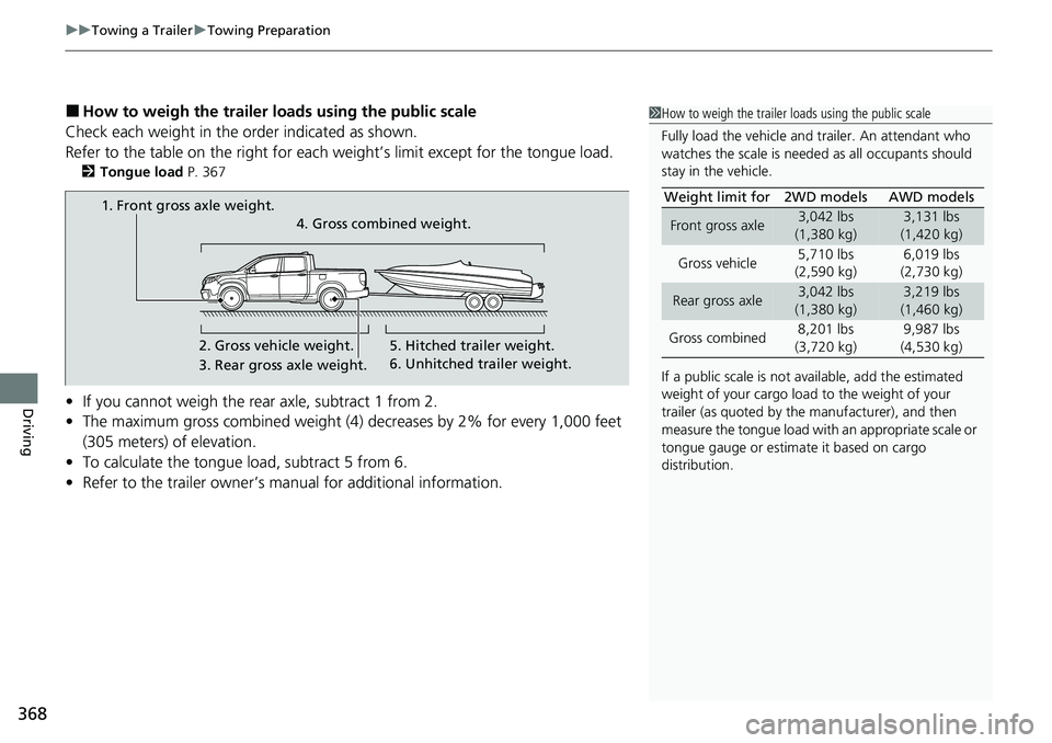 HONDA RIDGELINE 2020 Owners Manual (in English) uuTowing a Trailer uTowing Preparation
368
Driving
■How to weigh the trailer lo ads using the public scale
Check each weight in the order indicated as shown.
Refer to the table on the right for each HONDA RIDGELINE 2020 Owners Manual (in English) uuTowing a Trailer uTowing Preparation
368
Driving
■How to weigh the trailer lo ads using the public scale
Check each weight in the order indicated as shown.
Refer to the table on the right for each