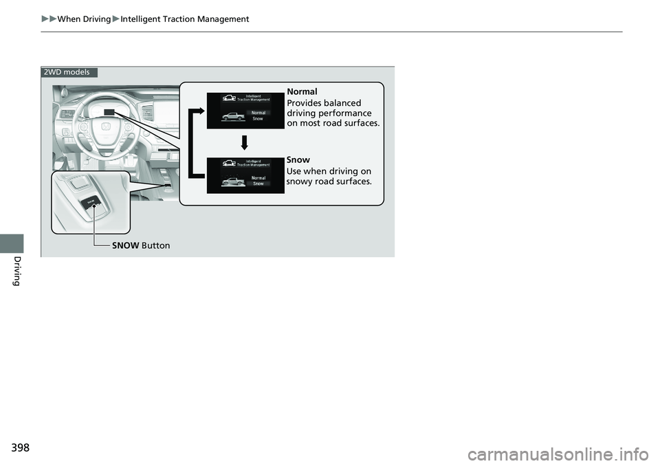 HONDA RIDGELINE 2020 Owners Manual (in English) 398
uuWhen Driving uIntelligent Traction Management
Driving
Normal
Provides balanced
driving performance
on most road surfaces.
SNOW Button
Snow
Use when driving on
snowy road surfaces.
2WD model HONDA RIDGELINE 2020 Owners Manual (in English) 398
uuWhen Driving uIntelligent Traction Management
Driving
Normal
Provides balanced
driving performance
on most road surfaces.
SNOW Button
Snow
Use when driving on
snowy road surfaces.
2WD model