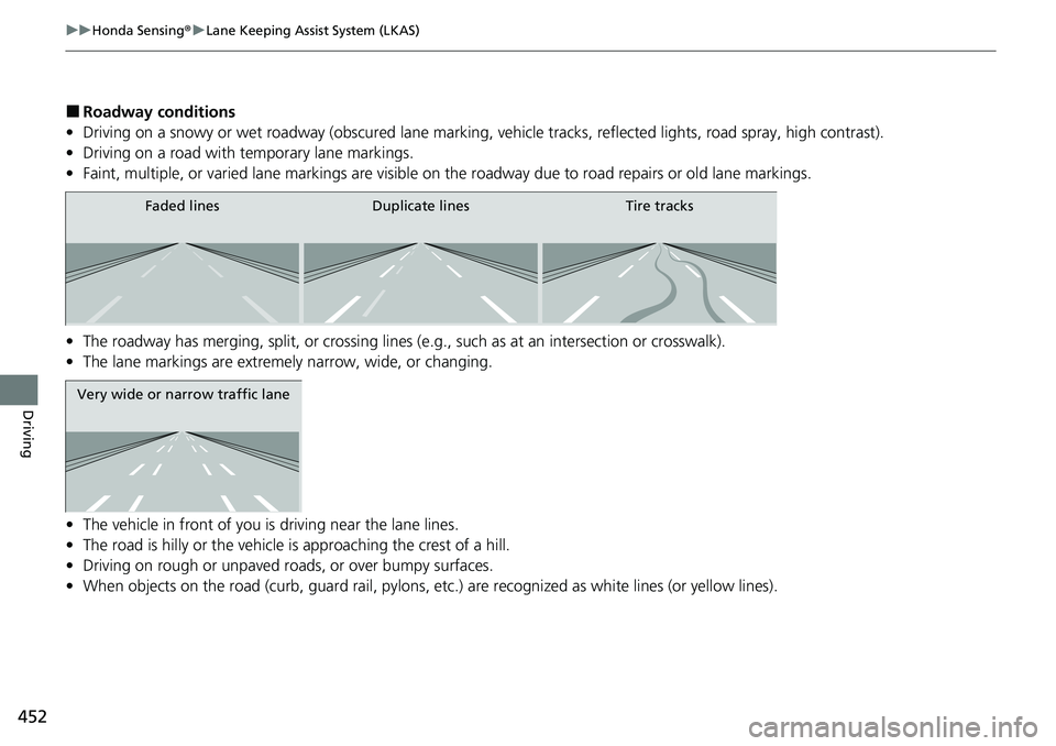 HONDA RIDGELINE 2020  Owners Manual (in English) 452
uuHonda Sensing ®u Lane Keeping Assist System (LKAS)
Driving
■Roadway conditions
• Driving on a snowy or wet roadway (obscured lane marking, ve hicle tracks, reflected lights, road spray, hig