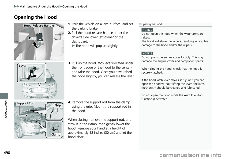 HONDA RIDGELINE 2020  Owners Manual (in English) 490
uuMaintenance Under the Hood uOpening the Hood
Maintenance
Opening the Hood
1. Park the vehicle on a level surface, and set 
the parking brake.
2. Pull the hood release handle under the 
driver’