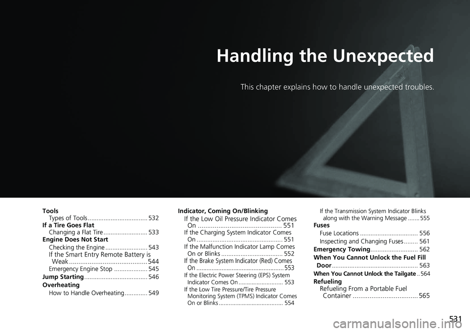 HONDA RIDGELINE 2020 Owners Manual (in English) 531
Handling the Unexpected
This chapter explains how to handle unexpected troubles.
ToolsTypes of Tools .................................. 532
If a Tire Goes Flat Changing a Flat Tire ............... HONDA RIDGELINE 2020 Owners Manual (in English) 531
Handling the Unexpected
This chapter explains how to handle unexpected troubles.
ToolsTypes of Tools .................................. 532
If a Tire Goes Flat Changing a Flat Tire ...............