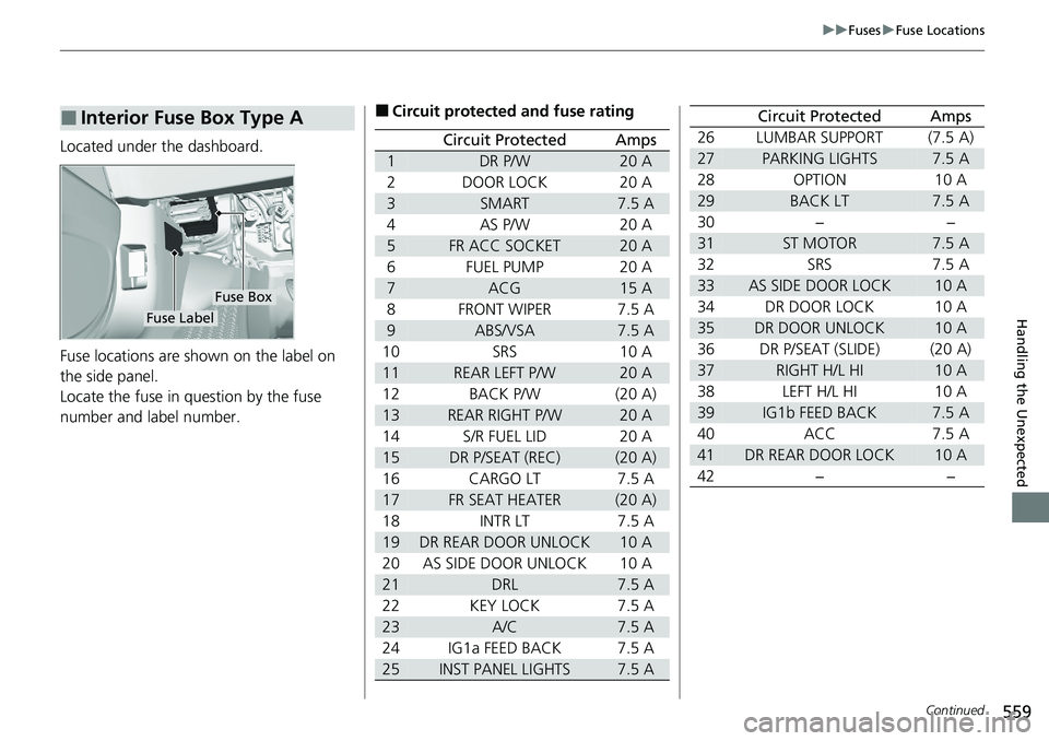 HONDA RIDGELINE 2020 Owners Manual (in English) 559
uuFuses uFuse Locations
Continued
Handling the Unexpected
Located under the dashboard.
Fuse locations are shown on the label on
the side panel.
Locate the fuse in question by the fuse
number and HONDA RIDGELINE 2020 Owners Manual (in English) 559
uuFuses uFuse Locations
Continued
Handling the Unexpected
Located under the dashboard.
Fuse locations are shown on the label on
the side panel.
Locate the fuse in question by the fuse
number and