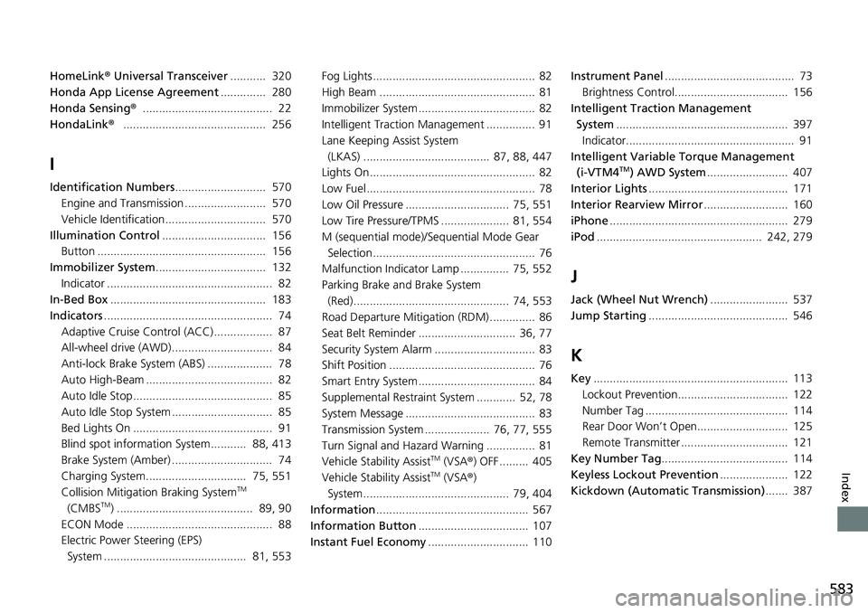 HONDA RIDGELINE 2020  Owners Manual (in English) 583
Index
HomeLink® Universal Transceiver ...........  320
Honda App License Agreement ..............  280
Honda Sensing ®........................................  22
HondaLink ®...................