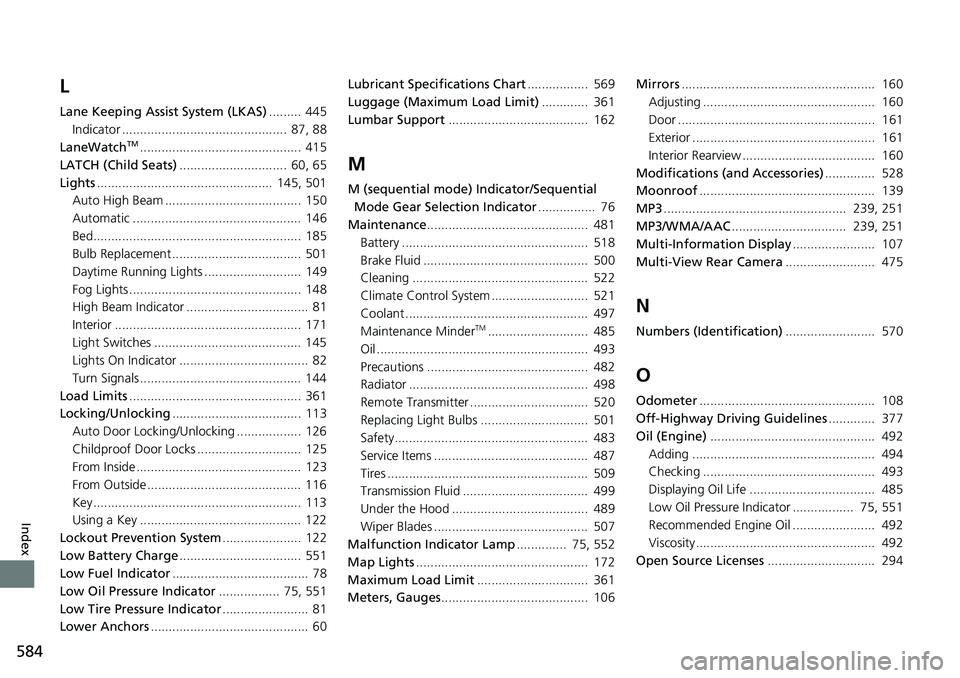 HONDA RIDGELINE 2020  Owners Manual (in English) 584
Index
L
Lane Keeping Assist System (LKAS)......... 445
Indicator .............................................. 87, 88
LaneWatch
TM............................................. 415
LATCH (Child Se