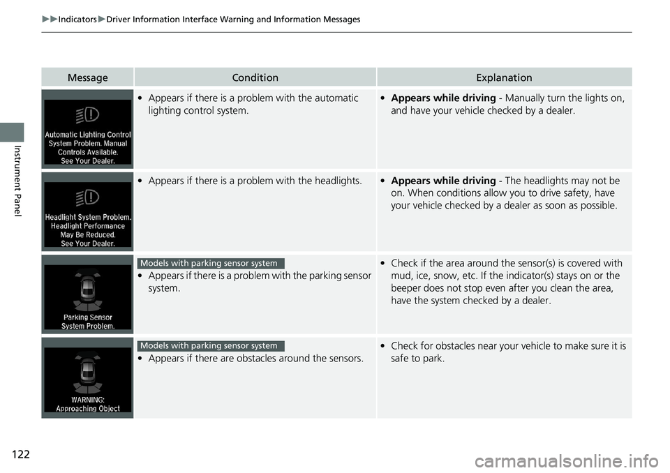 HONDA ACCORD SEDAN 2019 Owners Manual (in English) 122
uuIndicators uDriver Information Interface Wa rning and Information Messages
Instrument Panel
MessageConditionExplanation
•Appears if there is a problem with the automatic
lighting control syst HONDA ACCORD SEDAN 2019 Owners Manual (in English) 122
uuIndicators uDriver Information Interface Wa rning and Information Messages
Instrument Panel
MessageConditionExplanation
•Appears if there is a problem with the automatic
lighting control syst