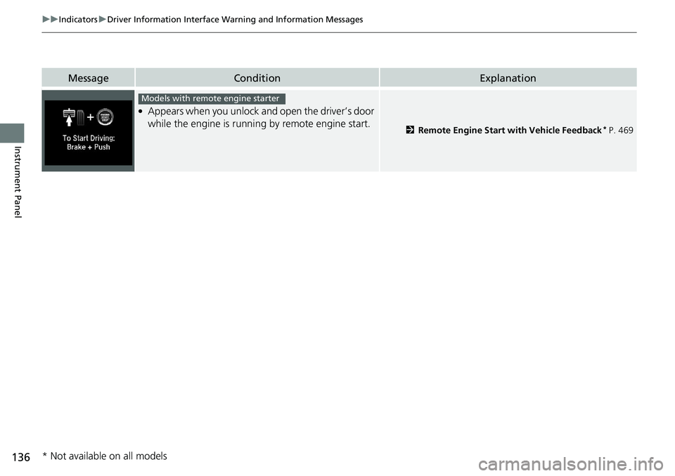 HONDA ACCORD SEDAN 2019 Owners Manual (in English) 136
uuIndicators uDriver Information Interface Wa rning and Information Messages
Instrument Panel
MessageConditionExplanation
●Appears when you unlock and open the driver’s door
while the engine HONDA ACCORD SEDAN 2019 Owners Manual (in English) 136
uuIndicators uDriver Information Interface Wa rning and Information Messages
Instrument Panel
MessageConditionExplanation
●Appears when you unlock and open the driver’s door
while the engine