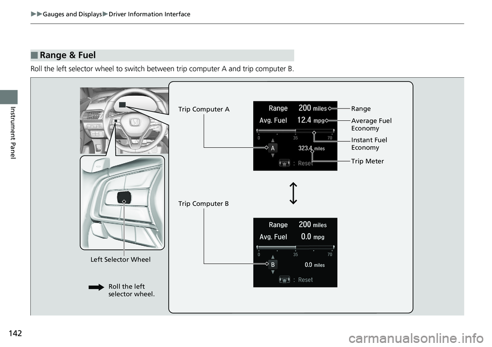 HONDA ACCORD SEDAN 2019  Owners Manual (in English) 142
uuGauges and Displays uDriver Information Interface
Instrument Panel
Roll the left selector wheel to switch between trip computer A and trip computer B.
■Range & Fuel
Left Selector Wheel Trip Co