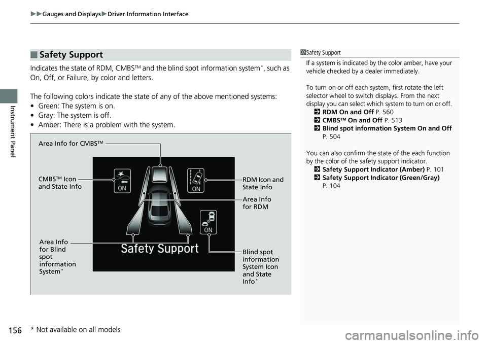 HONDA ACCORD SEDAN 2019 Owners Manual (in English) uuGauges and Displays uDriver Information Interface
156
Instrument Panel
Indicates the state of RDM, CMBSTM and the blind spot information system*, such as
On, Off, or Failure, by color and letters. HONDA ACCORD SEDAN 2019 Owners Manual (in English) uuGauges and Displays uDriver Information Interface
156
Instrument Panel
Indicates the state of RDM, CMBSTM and the blind spot information system*, such as
On, Off, or Failure, by color and letters.