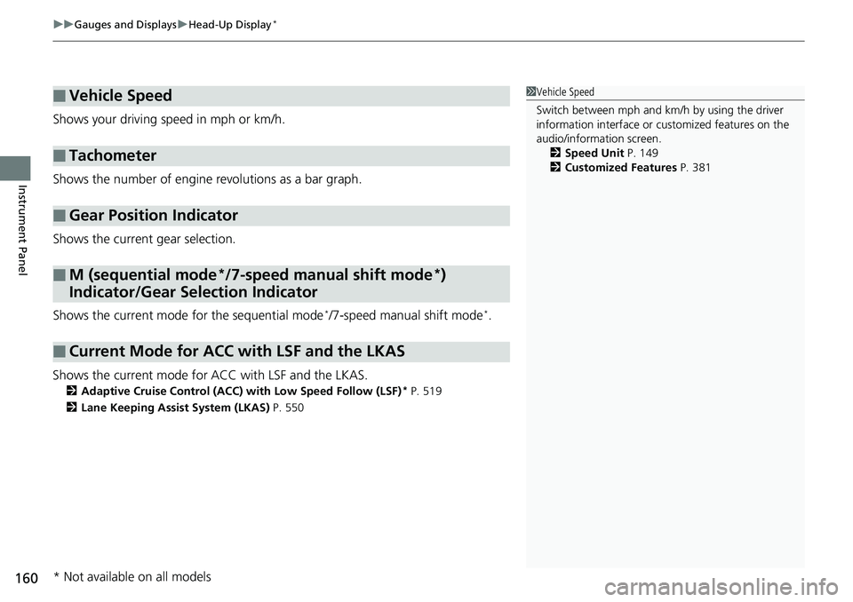 HONDA ACCORD SEDAN 2019 Owners Manual (in English) uuGauges and Displays uHead-Up Display*
160
Instrument Panel
Shows your driving speed in mph or km/h.
Shows the number of engine revolutions as a bar graph.
Shows the current gear selection.
Shows the HONDA ACCORD SEDAN 2019 Owners Manual (in English) uuGauges and Displays uHead-Up Display*
160
Instrument Panel
Shows your driving speed in mph or km/h.
Shows the number of engine revolutions as a bar graph.
Shows the current gear selection.
Shows the