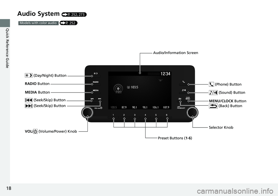 HONDA ACCORD SEDAN 2019 (in English) User Guide 18
Quick Reference Guide
Audio System (P 252, 273)
(P 252)Models with color audio
(Seek/Skip) Button
Selector Knob
(Day/Night) ButtonVOL
/ (Volume/Power) Knob
RADIO Button
(Sound) Button
Preset HONDA ACCORD SEDAN 2019 (in English) User Guide 18
Quick Reference Guide
Audio System (P 252, 273)
(P 252)Models with color audio
(Seek/Skip) Button
Selector Knob
(Day/Night) ButtonVOL
/ (Volume/Power) Knob
RADIO Button
(Sound) Button
Preset