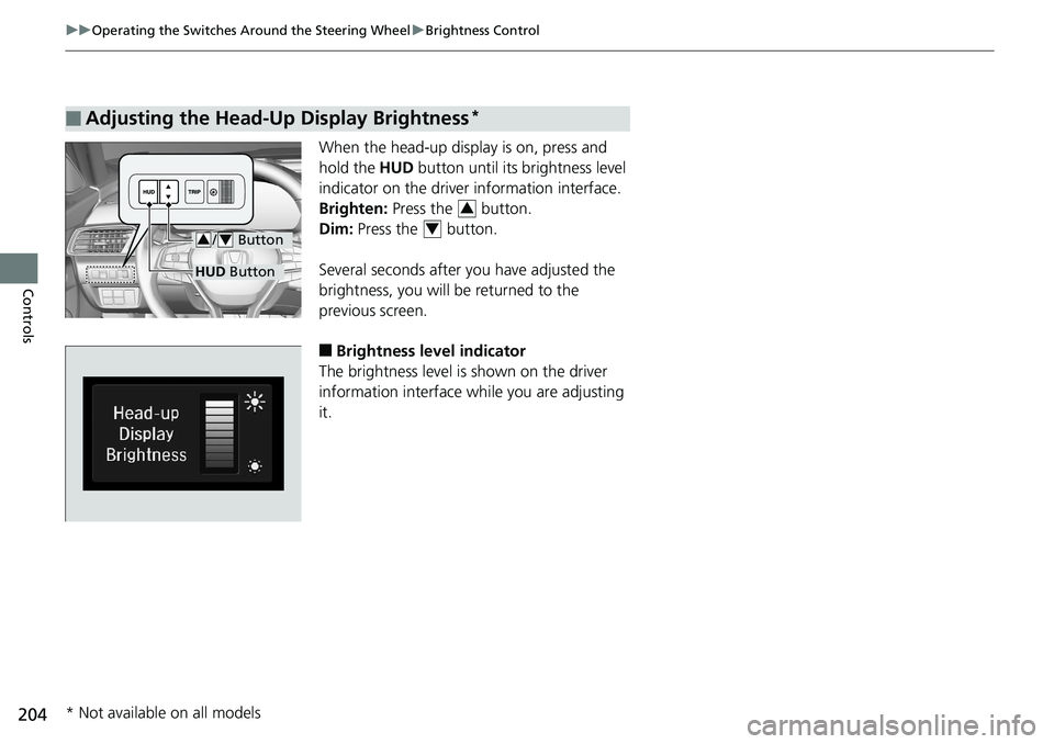 HONDA ACCORD SEDAN 2019 Owners Manual (in English) 204
uuOperating the Switches Around the Steering Wheel uBrightness Control
Controls
When the head-up display is on, press and
hold the HUD button until its brightness level
indicator on the driver HONDA ACCORD SEDAN 2019 Owners Manual (in English) 204
uuOperating the Switches Around the Steering Wheel uBrightness Control
Controls
When the head-up display is on, press and
hold the HUD button until its brightness level
indicator on the driver