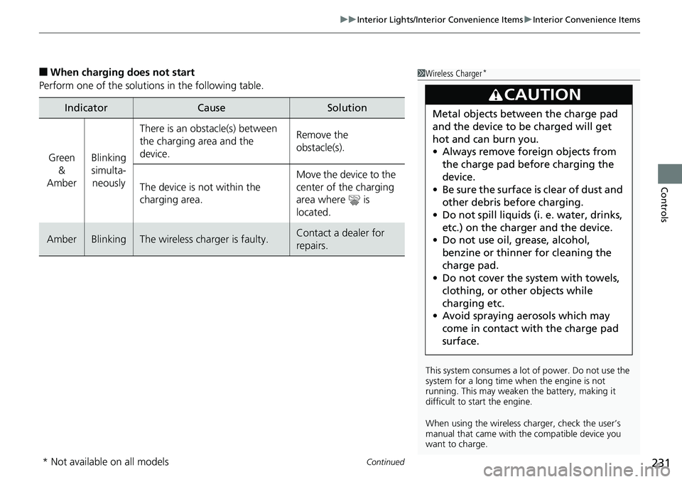 HONDA ACCORD SEDAN 2019 Owners Manual (in English) Continued231
uuInterior Lights/Interior Convenience Items uInterior Convenience Items
Controls
■When charging does not start
Perform one of the solutions in the following table.
IndicatorCauseSoluti HONDA ACCORD SEDAN 2019 Owners Manual (in English) Continued231
uuInterior Lights/Interior Convenience Items uInterior Convenience Items
Controls
■When charging does not start
Perform one of the solutions in the following table.
IndicatorCauseSoluti
