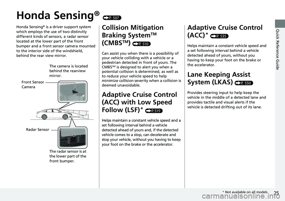 HONDA ACCORD SEDAN 2019 Owners Manual (in English) 25
Quick Reference Guide
Honda Sensing® (P 507)
Honda Sensing ® is a driver support system
which employs the use of two distinctly
different kinds of sensors, a radar sensor
located at the lower HONDA ACCORD SEDAN 2019 Owners Manual (in English) 25
Quick Reference Guide
Honda Sensing® (P 507)
Honda Sensing ® is a driver support system
which employs the use of two distinctly
different kinds of sensors, a radar sensor
located at the lower