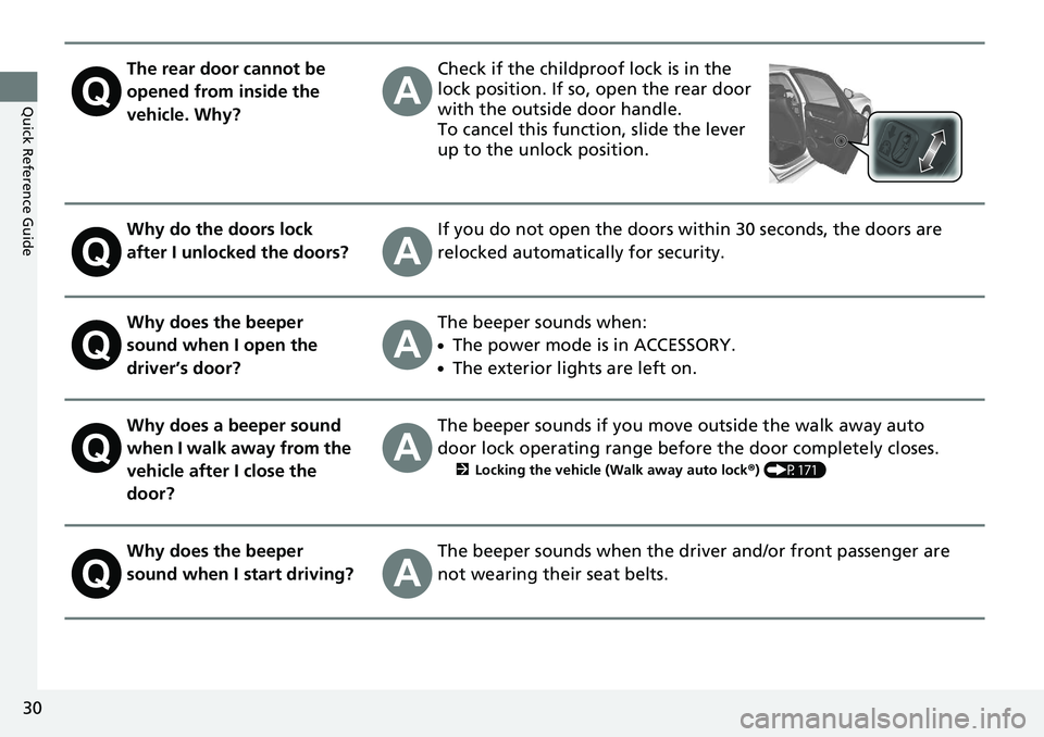 HONDA ACCORD SEDAN 2019 (in English) Owners Guide 30
Quick Reference Guide
The rear door cannot be
opened from inside the
vehicle. Why?Check if the childproof lock is in the
lock position. If so, open the rear door
with the outside door handle.
T HONDA ACCORD SEDAN 2019 (in English) Owners Guide 30
Quick Reference Guide
The rear door cannot be
opened from inside the
vehicle. Why?Check if the childproof lock is in the
lock position. If so, open the rear door
with the outside door handle.
T