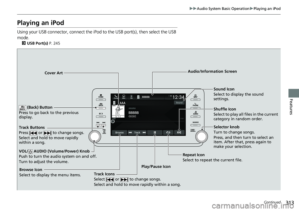 HONDA ACCORD SEDAN 2019 Owners Manual (in English) 313
uuAudio System Basic Operation uPlaying an iPod
Continued
Features
Playing an iPod
Using your USB connector, connect the iPod to the USB port(s), then select the USB
mode.
2 USB Port(s) P. 245
HONDA ACCORD SEDAN 2019 Owners Manual (in English) 313
uuAudio System Basic Operation uPlaying an iPod
Continued
Features
Playing an iPod
Using your USB connector, connect the iPod to the USB port(s), then select the USB
mode.
2 USB Port(s) P. 245