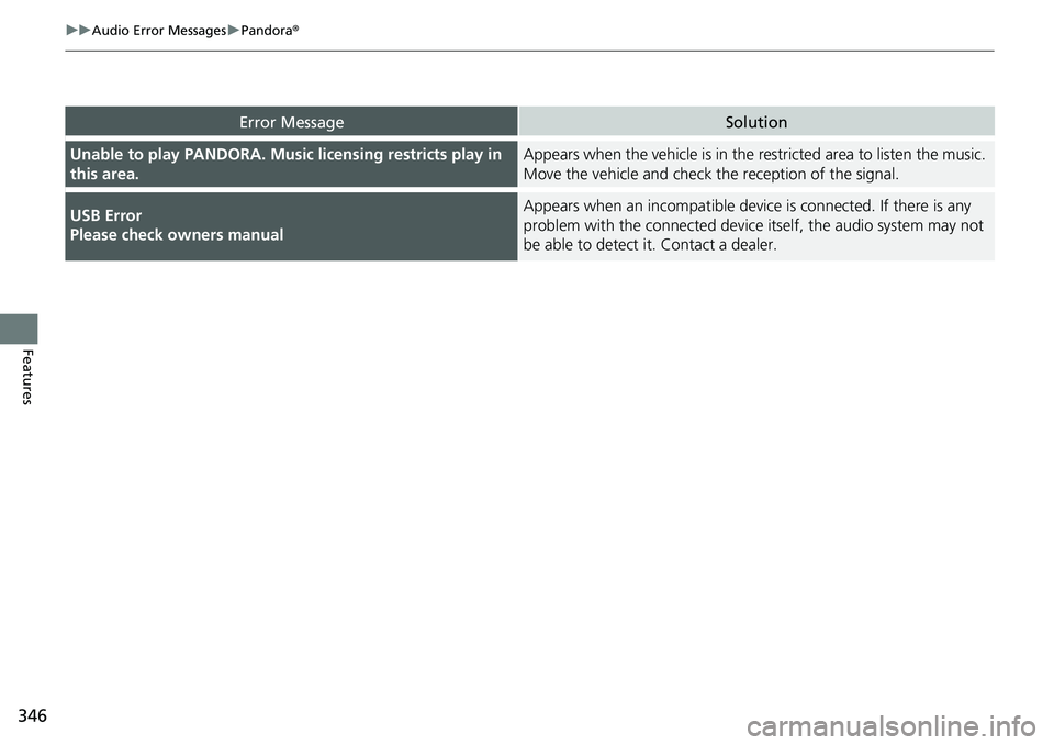 HONDA ACCORD SEDAN 2019 Owners Manual (in English) 346
uuAudio Error Messages uPandora®
Features
Unable to play PANDORA. Music licensing restricts play in
this area.Appears when the vehicle is in the restricted area to listen the music.
Move the v HONDA ACCORD SEDAN 2019 Owners Manual (in English) 346
uuAudio Error Messages uPandora®
Features
Unable to play PANDORA. Music licensing restricts play in
this area.Appears when the vehicle is in the restricted area to listen the music.
Move the v