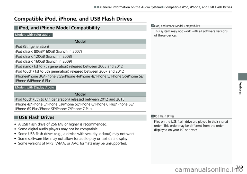 HONDA ACCORD SEDAN 2019 Owners Manual (in English) 349
uuGeneral Information on the Audio System uCompatible iPod, iPhone, and USB Flash Drives
Features
Compatible iPod, iPhone , and USB Flash Drives
•A USB flash drive of 256 MB or higher is recomme HONDA ACCORD SEDAN 2019 Owners Manual (in English) 349
uuGeneral Information on the Audio System uCompatible iPod, iPhone, and USB Flash Drives
Features
Compatible iPod, iPhone , and USB Flash Drives
•A USB flash drive of 256 MB or higher is recomme