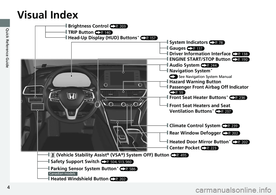 HONDA ACCORD SEDAN 2019 Owners Manual (in English) 4
Quick Reference Guide
Quick Reference Guide
Visual Index
❙ (Vehicle Stability Assist® (VSA ®) System OFF) Button (P 495)
❙Safety Support Switch (P 504, 513, 560)
❙Parking Sensor System Butto HONDA ACCORD SEDAN 2019 Owners Manual (in English) 4
Quick Reference Guide
Quick Reference Guide
Visual Index
❙ (Vehicle Stability Assist® (VSA ®) System OFF) Button (P 495)
❙Safety Support Switch (P 504, 513, 560)
❙Parking Sensor System Butto