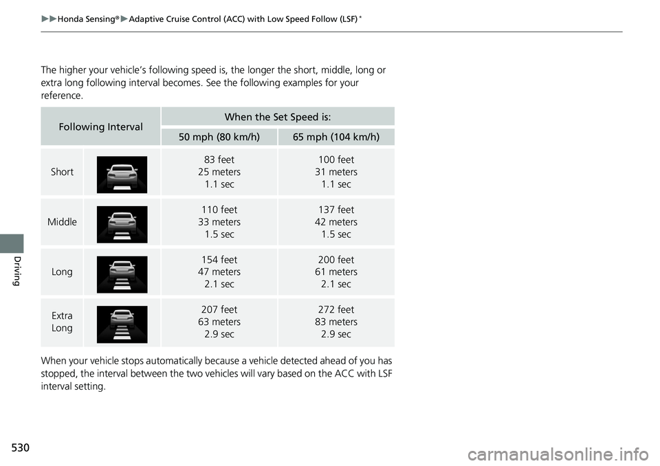 HONDA ACCORD SEDAN 2019 Owners Manual (in English) 530
uuHonda Sensing ®u Adaptive Cruise Control (ACC) with Low Speed Follow (LSF)*
Driving
The higher your vehicle’s following speed is, the longer the short, middle, long or
extra long following HONDA ACCORD SEDAN 2019 Owners Manual (in English) 530
uuHonda Sensing ®u Adaptive Cruise Control (ACC) with Low Speed Follow (LSF)*
Driving
The higher your vehicle’s following speed is, the longer the short, middle, long or
extra long following