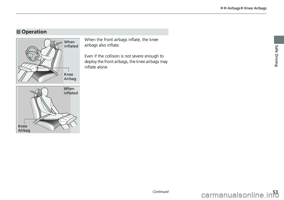 HONDA ACCORD SEDAN 2019 (in English) Workshop Manual 53
uuAirbags uKnee Airbags
Continued
Safe DrivingWhen the front airbags inflate, the knee
airbags also inflate.
Even if the collision is not severe enough to
deploy the front airbag s, the knee airb HONDA ACCORD SEDAN 2019 (in English) Workshop Manual 53
uuAirbags uKnee Airbags
Continued
Safe DrivingWhen the front airbags inflate, the knee
airbags also inflate.
Even if the collision is not severe enough to
deploy the front airbag s, the knee airb