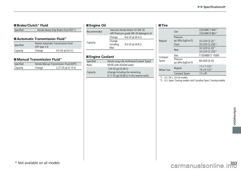 HONDA ACCORD SEDAN 2019  Owners Manual (in English) 703
uuSpecifications u
Information
■Brake/Clutch* Fluid
■ Automatic Transmission Fluid
*
■Manual Transmission Fluid*
SpecifiedHonda Heavy Duty Brake Fluid DOT 3
SpecifiedHonda Automatic Transmis