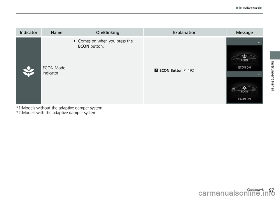 HONDA ACCORD SEDAN 2019 (in English) Owners Manual 97
uuIndicators u
Continued
Instrument Panel
*1:Models without the adaptive damper system
*2:Models with the adaptive damper system
IndicatorNameOn/BlinkingExplanationMessage
ECON Mode
Indicator
•C HONDA ACCORD SEDAN 2019 (in English) Owners Manual 97
uuIndicators u
Continued
Instrument Panel
*1:Models without the adaptive damper system
*2:Models with the adaptive damper system
IndicatorNameOn/BlinkingExplanationMessage
ECON Mode
Indicator
•C