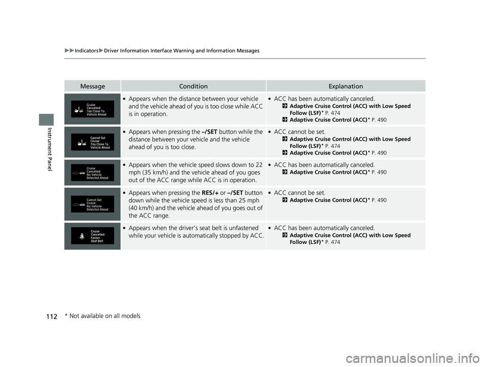 HONDA CIVIC HATCHBACK 2019 Owners Manual (in English) 112
uuIndicators uDriver Information Interface Wa rning and Information Messages
Instrument Panel
MessageConditionExplanation
●Appears when the distance between your vehicle
and the vehicle ahead o HONDA CIVIC HATCHBACK 2019 Owners Manual (in English) 112
uuIndicators uDriver Information Interface Wa rning and Information Messages
Instrument Panel
MessageConditionExplanation
●Appears when the distance between your vehicle
and the vehicle ahead o
