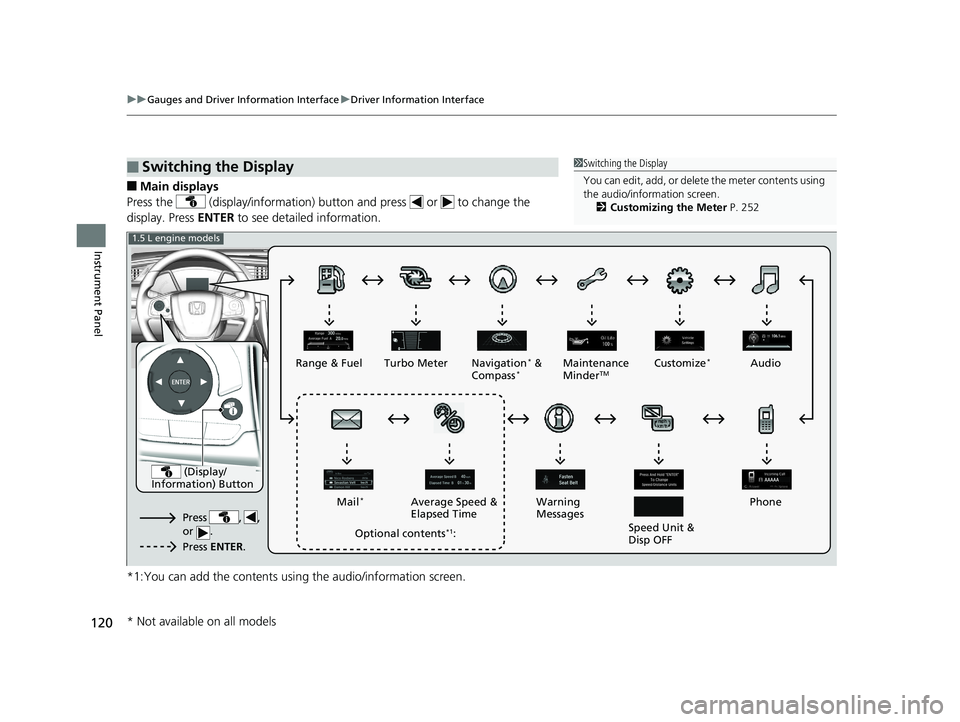 HONDA CIVIC HATCHBACK 2019   (in English) Owners Guide 120
uuGauges and Driver Information Interface uDriver Information Interface
Instrument Panel
■Main displays
Press the   (display/information) butt on and press   or   to change the 
display. Press  