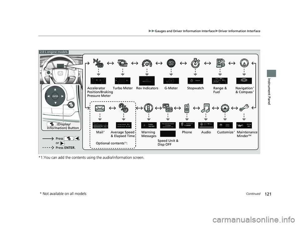 HONDA CIVIC HATCHBACK 2019  Owners Manual (in English) 121
uuGauges and Driver Information Interface uDriver Information Interface
Continued
Instrument Panel
*1:You can add the contents using the audio/information screen.
Accelerator 
Position/Braking 
Pr