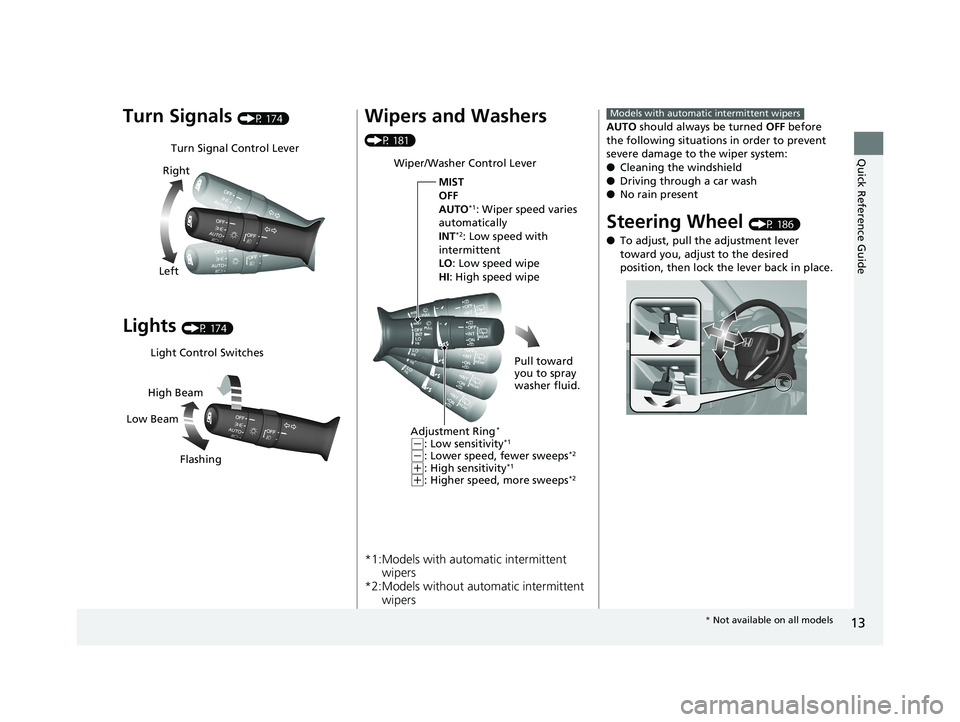 HONDA CIVIC HATCHBACK 2019  Owners Manual (in English) 13
Quick Reference Guide
Turn Signals (P 174)
Lights (P 174)
Turn Signal Control Lever
Right
Left
Light Control Switches
Low Beam High Beam
Flashing
Wipers and Washers 
(P 181)
*1:Models with automati