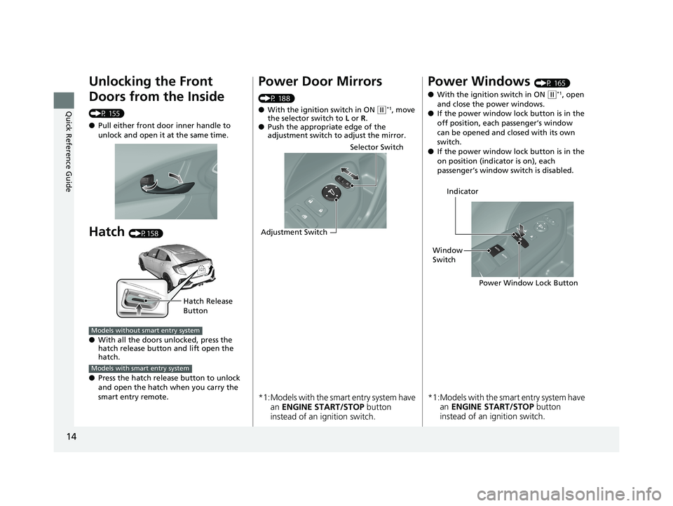 HONDA CIVIC HATCHBACK 2019  Owners Manual (in English) 14
Quick Reference Guide
Unlocking the Front 
Doors from the Inside 
(P 155)
●Pull either front door inner handle to 
unlock and open it at the same time.
Hatch (P158)
● With all the doors unlocke