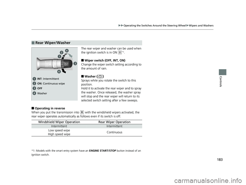HONDA CIVIC HATCHBACK 2019 Owners Manual (in English) 183
uuOperating the Switches Around the Steering Wheel uWipers and Washers
Controls
The rear wiper and washer can be used when
the ignition switch is in ON
(w*1.
■Wiper switch (OFF, INT, ON)
Chang HONDA CIVIC HATCHBACK 2019 Owners Manual (in English) 183
uuOperating the Switches Around the Steering Wheel uWipers and Washers
Controls
The rear wiper and washer can be used when
the ignition switch is in ON
(w*1.
■Wiper switch (OFF, INT, ON)
Chang