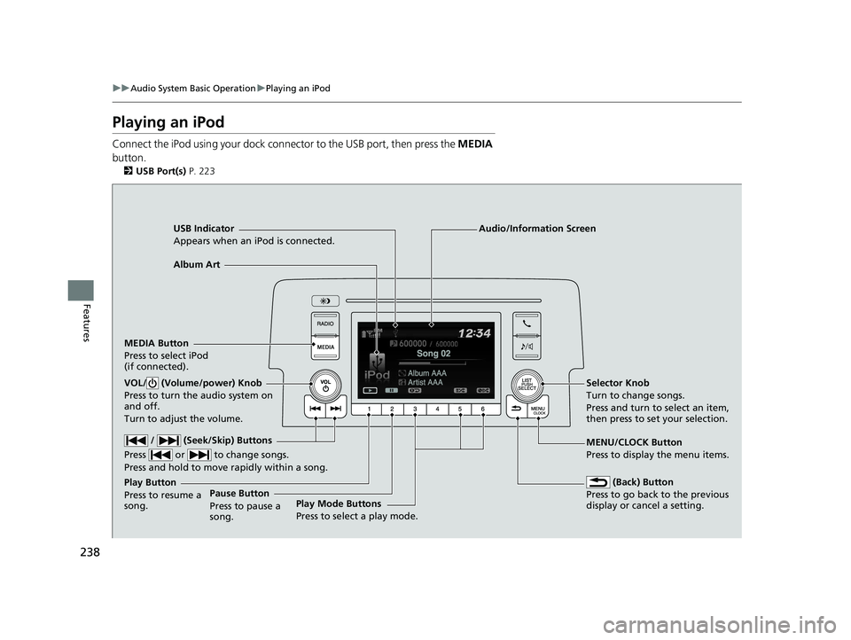 HONDA CIVIC HATCHBACK 2019   (in English) User Guide 238
uuAudio System Basic Operation uPlaying an iPod
Features
Playing an iPod
Connect the iPod using your dock connector to the USB port, then press the  MEDIA 
button.
2 USB Port(s)  P. 223
USB Indica