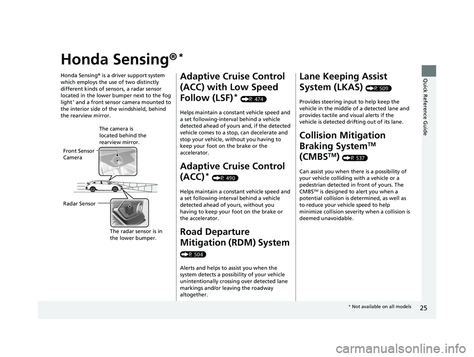 HONDA CIVIC HATCHBACK 2019 Owners Manual (in English) 25
Quick Reference Guide
Honda Sensing®*
Honda Sensing® is a driver support system
which employs the use of two distinctly
different kinds of sensors, a radar sensor
located in the lower bu mper HONDA CIVIC HATCHBACK 2019 Owners Manual (in English) 25
Quick Reference Guide
Honda Sensing®*
Honda Sensing® is a driver support system
which employs the use of two distinctly
different kinds of sensors, a radar sensor
located in the lower bu mper
