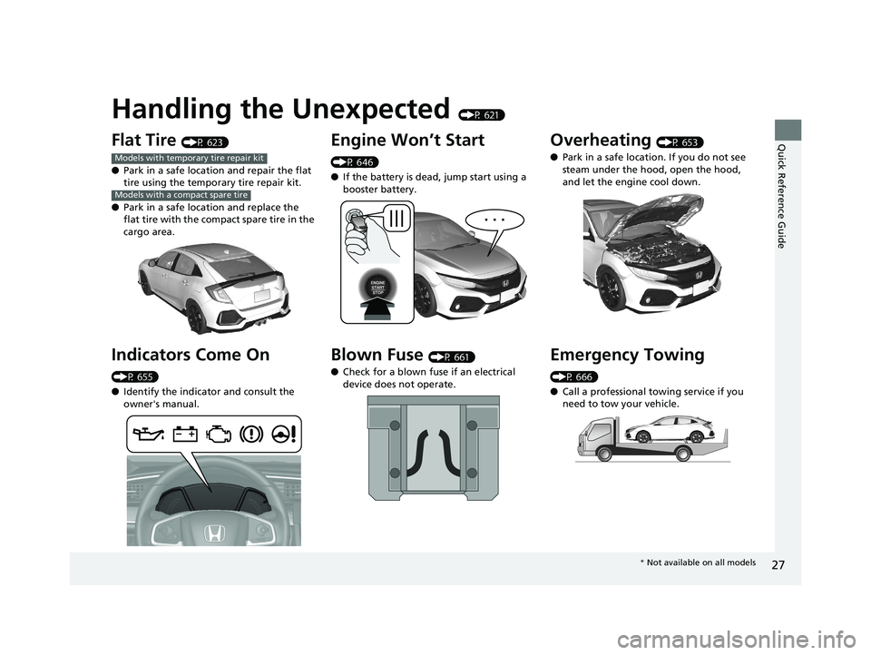 HONDA CIVIC HATCHBACK 2019  Owners Manual (in English) Quick Reference Guide
27
Handling the Unexpected (P 621)
Flat Tire (P 623)
● Park in a safe location and repair the flat 
tire using the temporary tire repair kit.
● Park in a safe location and re