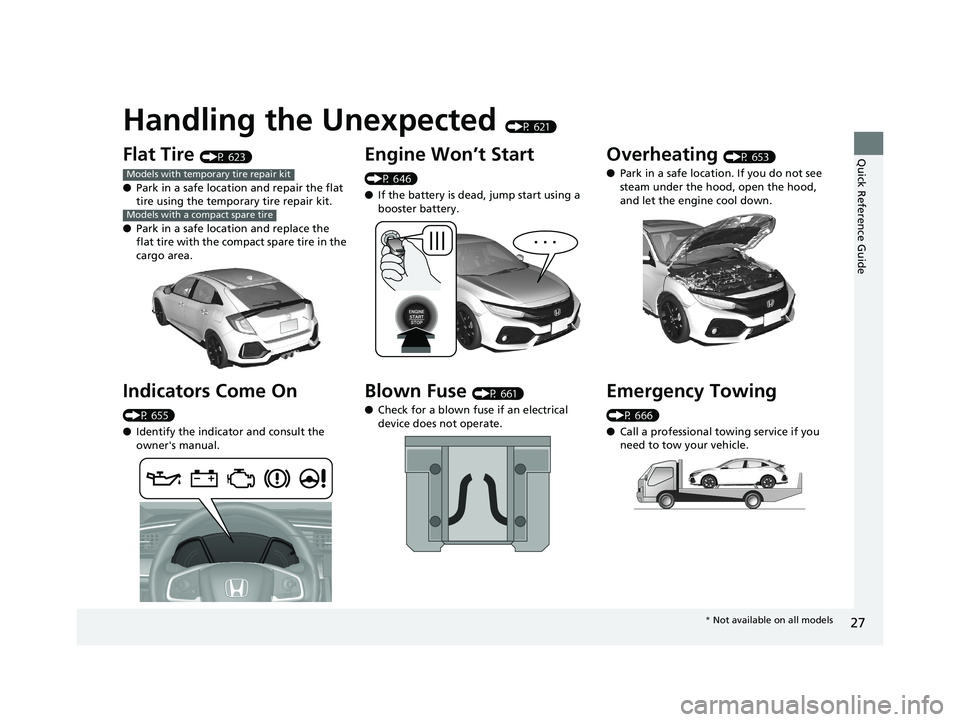 HONDA CIVIC HATCHBACK 2019 (in English) Owners Guide Quick Reference Guide
27
Handling the Unexpected (P 621)
Flat Tire (P 623)
● Park in a safe location and repair the flat
tire using the temporary tire repair kit.
● Park in a safe location and re HONDA CIVIC HATCHBACK 2019 (in English) Owners Guide Quick Reference Guide
27
Handling the Unexpected (P 621)
Flat Tire (P 623)
● Park in a safe location and repair the flat
tire using the temporary tire repair kit.
● Park in a safe location and re