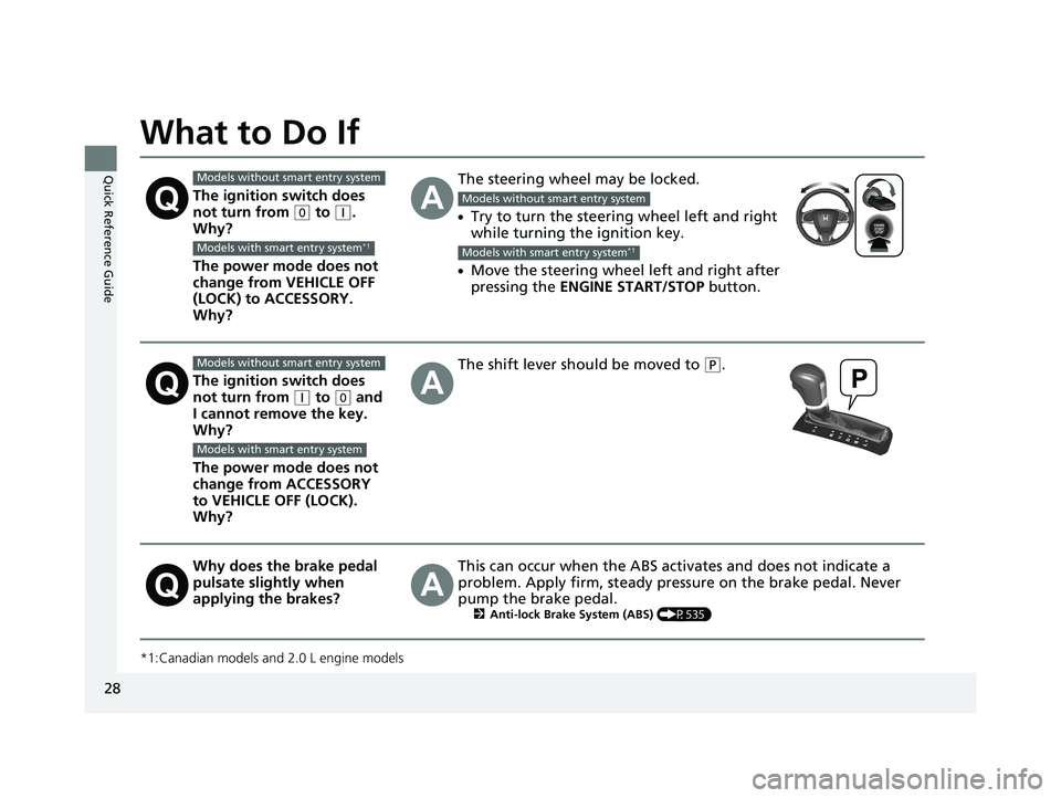 HONDA CIVIC HATCHBACK 2019 (in English) Owners Guide 28
Quick Reference Guide
What to Do If
*1:Canadian models and 2.0 L engine models
The ignition switch does
not turn from
(0 to (q.
Why?
The power mode does not
change from VEHICLE OFF
(LOCK) to A HONDA CIVIC HATCHBACK 2019 (in English) Owners Guide 28
Quick Reference Guide
What to Do If
*1:Canadian models and 2.0 L engine models
The ignition switch does
not turn from
(0 to (q.
Why?
The power mode does not
change from VEHICLE OFF
(LOCK) to A