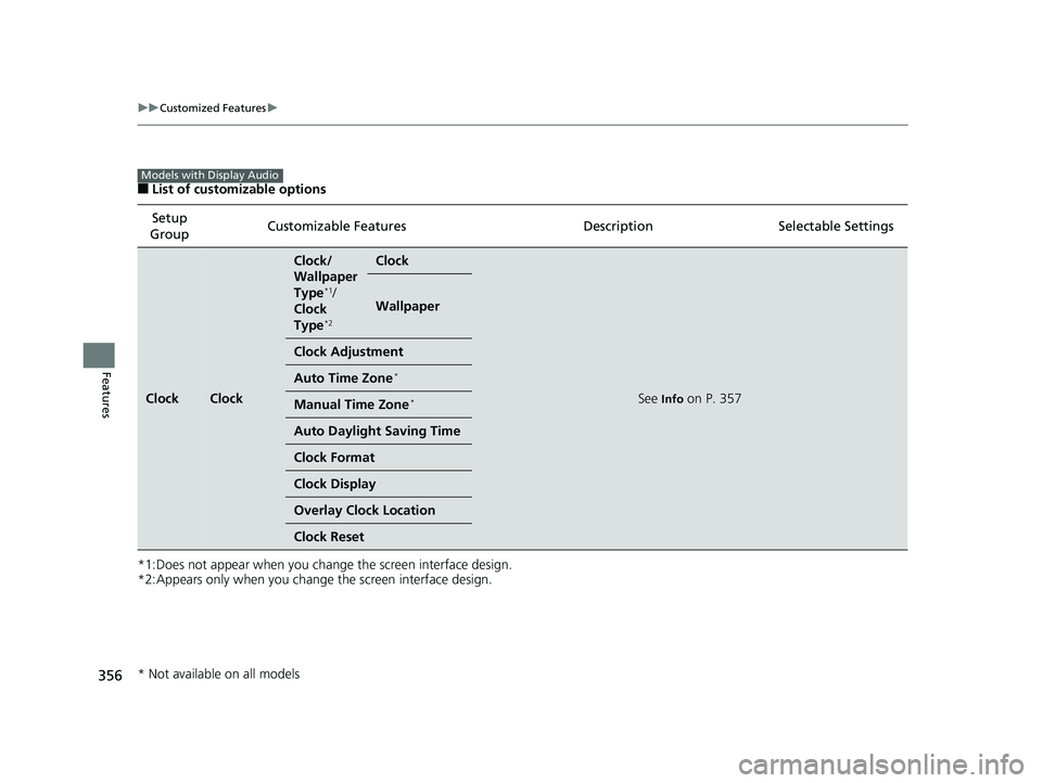 HONDA CIVIC HATCHBACK 2019  Owners Manual (in English) 356
uuCustomized Features u
Features
■List of customizable options
*1:Does not appear when you change the screen interface design.
*2:Appears only when you change the screen interface design. Setup 