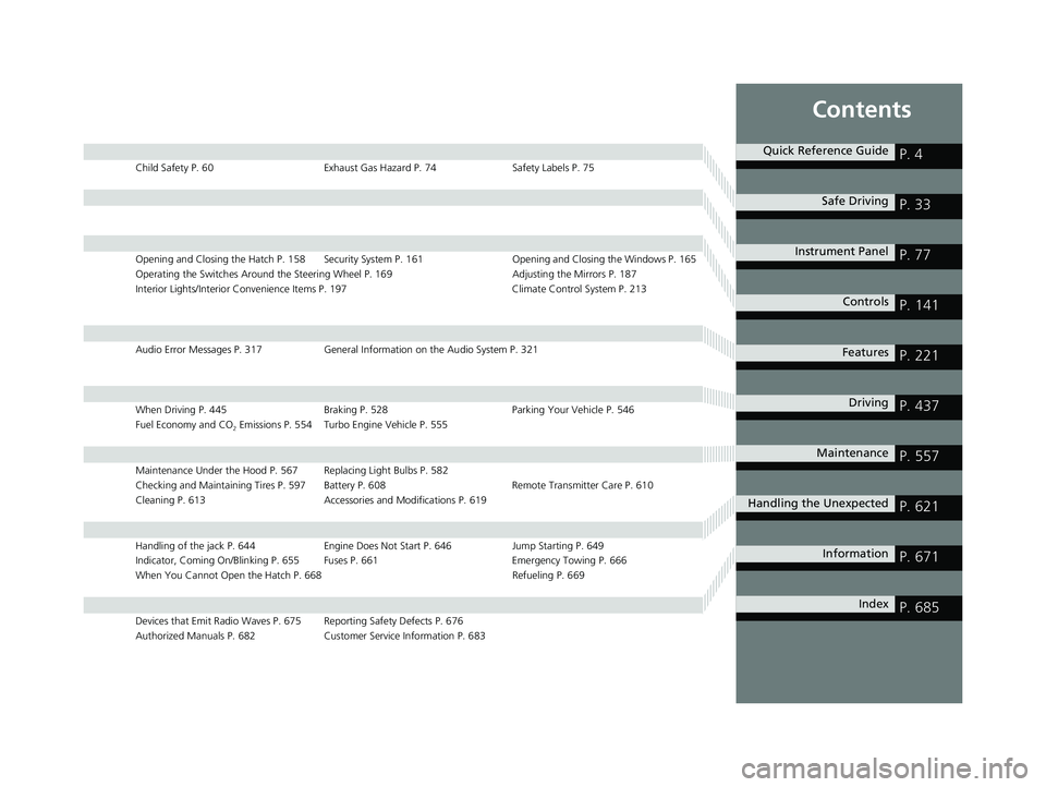 HONDA CIVIC HATCHBACK 2019 Owners Manual (in English) Contents
Child Safety P. 60Exhaust Gas Hazard P. 74Safety Labels P. 75
Opening and Closing the Hatch P. 158 Security System P. 161 Opening and Closing the Windows P. 165
Operating the Switches Around HONDA CIVIC HATCHBACK 2019 Owners Manual (in English) Contents
Child Safety P. 60Exhaust Gas Hazard P. 74Safety Labels P. 75
Opening and Closing the Hatch P. 158 Security System P. 161 Opening and Closing the Windows P. 165
Operating the Switches Around