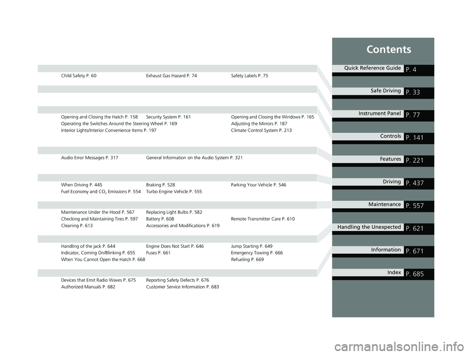 HONDA CIVIC HATCHBACK 2019  Owners Manual (in English) Contents
Child Safety P. 60Exhaust Gas Hazard P. 74Safety Labels P. 75
Opening and Closing the Hatch P. 158 Security System P. 161 Opening and Closing the Windows P. 165
Operating the Switches Around 