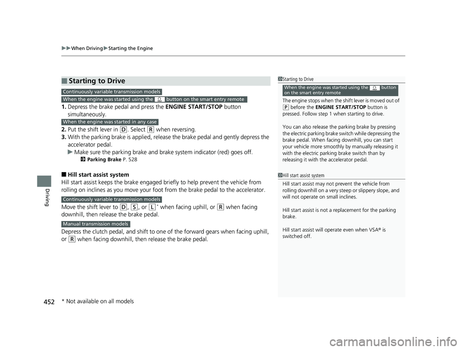 HONDA CIVIC HATCHBACK 2019  Owners Manual (in English) uuWhen Driving uStarting the Engine
452
Driving
1. Depress the brake pedal and press the  ENGINE START/STOP button 
simultaneously.
2. Put the shift lever in 
(D. Select (R when reversing.
3. With the
