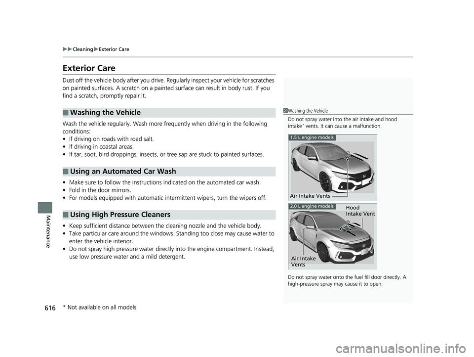 HONDA CIVIC HATCHBACK 2019  Owners Manual (in English) 616
uuCleaning uExterior Care
Maintenance
Exterior Care
Dust off the vehicle body after you drive. Regularly inspect your vehicle for scratches 
on painted surfaces. A scratch on a painted  surface ca