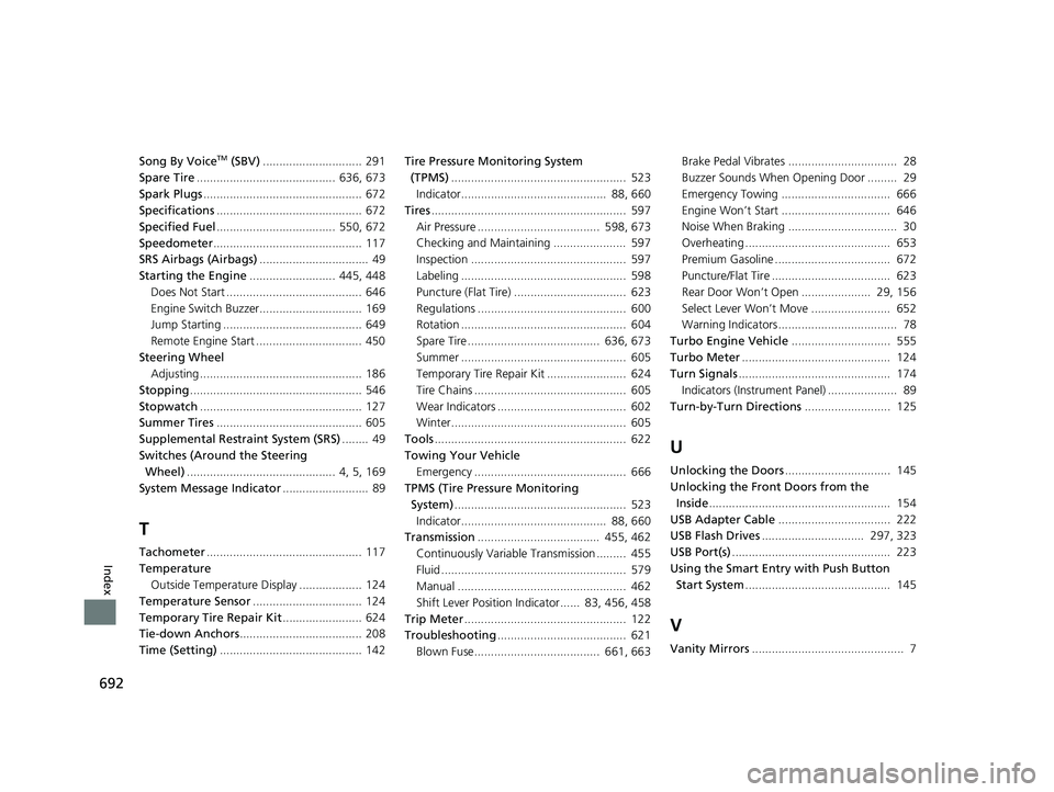 HONDA CIVIC HATCHBACK 2019 (in English) Workshop Manual 692
Index
Song By VoiceTM (SBV).............................. 291
Spare Tire .......................................... 636, 673
Spark Plugs ................................................ 672
Speci HONDA CIVIC HATCHBACK 2019 (in English) Workshop Manual 692
Index
Song By VoiceTM (SBV).............................. 291
Spare Tire .......................................... 636, 673
Spark Plugs ................................................ 672
Speci